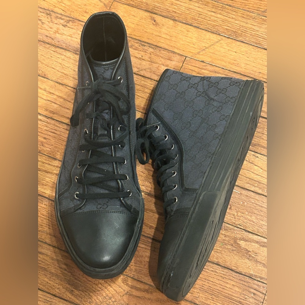 GUCCI Interlocking GG Design Canvas & Black Leather High Top Sneaker size 12